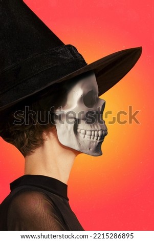 Vertical collage profile portrait of mysterious conjurer girl wear dead skull mask isolated on drawing creative background