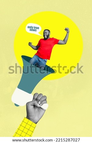 Creative photo 3d collage poster postcard artwork of funny funky man megaphone spread share only true news isolated on drawing background Royalty-Free Stock Photo #2215287027