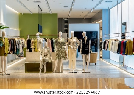 modern fashion store front in downtown shopping mall. Royalty-Free Stock Photo #2215294089