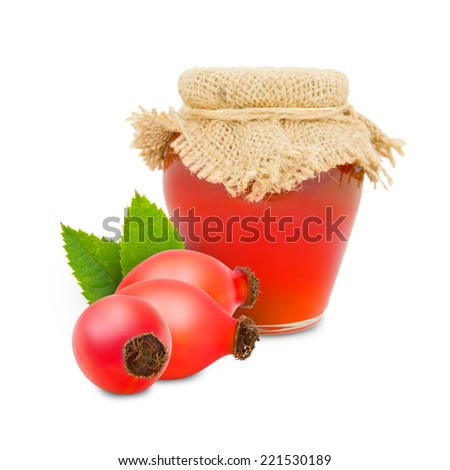 Photo of glass with rose hip jam isolated on white
