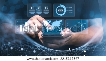 Man using modern technology for business management according to esg principles. Double exposure engineering using cellphone digital technology interfaces. Man with phone on esg project