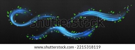 Blue wind flows, air swirls and waves with flying green leaves. Fresh wind motion with mint leaves isolated on transparent background, vector realistic illustration Royalty-Free Stock Photo #2215318119