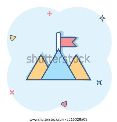 Mission champion icon in comic style. Mountain cartoon vector illustration on white isolated background. Leadership splash effect business concept.