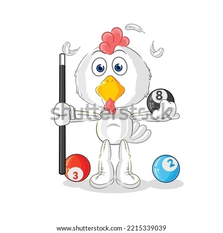 the chicken plays billiard character. cartoon mascot vector
