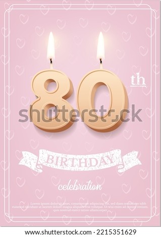 Burning number 80 birthday candle with vintage ribbon and birthday celebration text on textured pink background in postcard format. Vector vertical eighty birthday invitation template