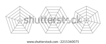 Radar spider diagram template. Flat spider mesh. Blank radar charts. Pentagon, hexagon and heptagon graphs. Kiviat diagram for statistic and analitic. Vector illustration isolated on white background. Royalty-Free Stock Photo #2215360075