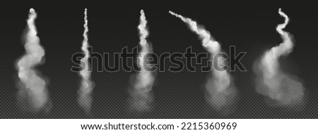 Rocket trail, airplane smoke, plane or air jet clouds, white contrail lines. Vapor effect in sky, spray straight and curve tracks isolated elements on transparent background, Realistic 3d vector set