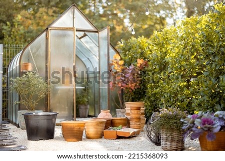 Beautiful garden with vintage greenhouse made of glass and rusty metal with plants inside and clay jugs nearby during sunny morning Royalty-Free Stock Photo #2215368093