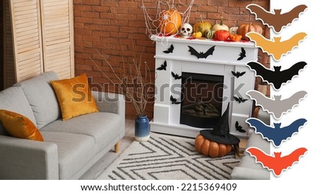 Interior of cozy living room decorated for Halloween party. Different color patterns
