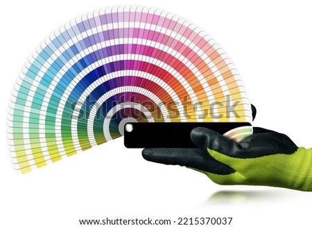 Manual worker with protective work glove holding a pantone color swatches isolated on white background.