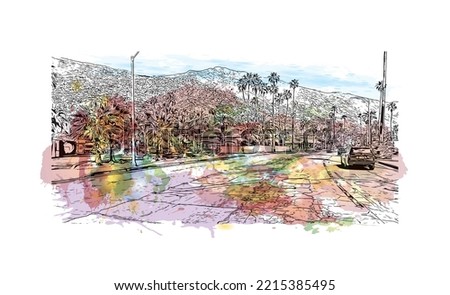 building view with landmark of Palm Springs is the 
city in California. Watercolor splash with hand drawn sketch illustration in vector. 