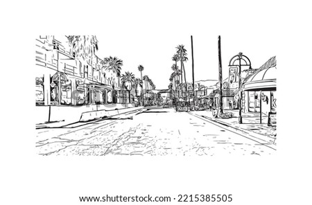 building view with landmark of Palm Springs is the 
city in California. Hand drawn sketch illustration in vector. 