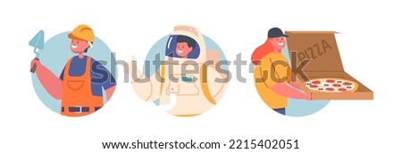 Set of Kids Professions Builder, Pizza Courier, Astronaut Isolated Round Icons or Avatars. Concept with Children wear Costumes of Different Occupation Employees. Cartoon Vector Illustration