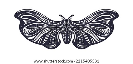 Vector butterfly, graphic adult moth, insect. Art stylized tattoo of silkworm. Mystical sketch, gothic symbol. Esoteric vintage illustration