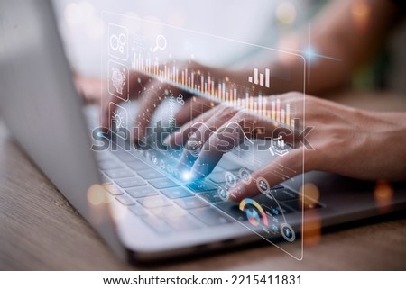 Data scientists. Man programmer using laptop analyzing and development at various information on futuristic virtual interface screen. Algorithm. marketing and deep learning of artificial intelligence Royalty-Free Stock Photo #2215411831