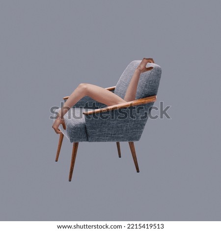 Relaxation. Female body on armchair. Modern design, contemporary art collage. Female body on sofa. Inspiration, idea, trendy urban style. Surrealism, minimalism. Avant-garde and creativity