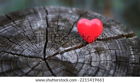 Red heart on a wooden background, side view, space for text