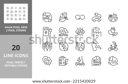 Line icons about net zero. Sustainable development. Contains such icons as green energy, CO2 neutral, save Earth, climate action. Editable vector stroke. 64 and 256 Pixel Perfect scalable to 128px Royalty-Free Stock Photo #2215420029