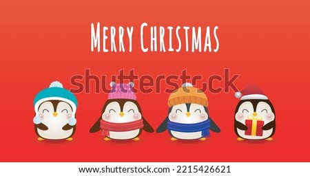 Merry Christmas, Happy new year, Cute Little group of Penguin with Santa Cap in Christmas snow scene winter banner, Xmas holiday concept isolated on red background