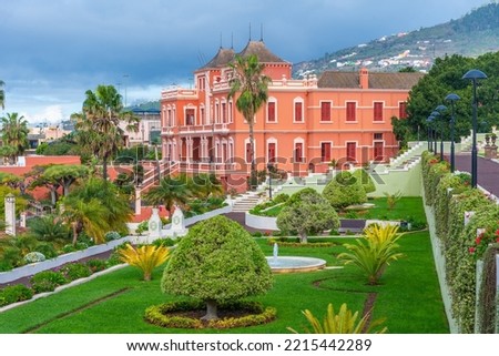 Liceo de Taoro viewed from Victoria garden at la Orotava town at Tenerife, Canary Islands, Spain. Royalty-Free Stock Photo #2215442289