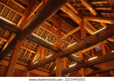 Wooden temple interior architecture inside  Royalty-Free Stock Photo #2215445055