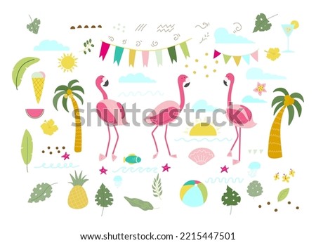 set of flowers and flamingo