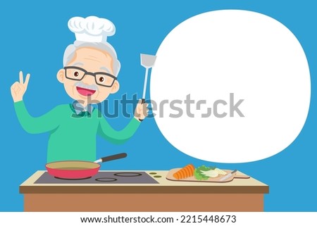 elderly man chef present cooking in the kitchen with speech bubble