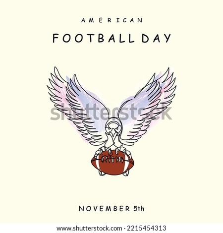 American football day line art vector. Continuous line art of falcon holding a football. American flag watercolor background. November celebrations. Thanksgiving concept art. Vector art