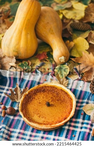 Thanksgiving pumpkin pie. Autumn homemade pumpkins tart for a holiday. Fall composition with dry leaves, Festive food background. Concept of traditional Thanksgiving day or Halloween.