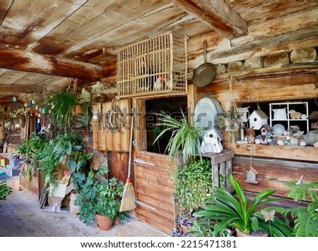 Traditional Swiss farm house with plants and decorative objects. St. Antönien, Grisons, Switzerland. High quality photo