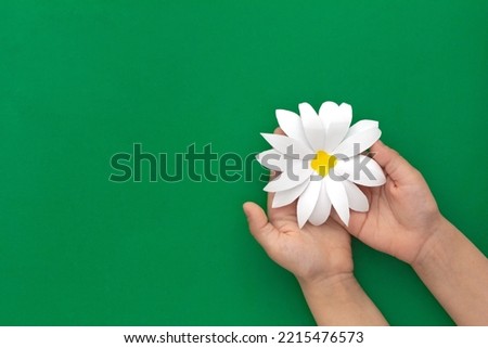 Flat lay child hands holding camomile papercraft on corner of sheet and copy space on green background