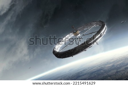 3D illustration of ring space station orbiting earth. 5K realistic science fiction art. Elements of image provided by Nasa