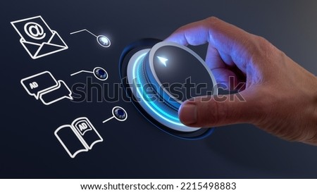 Email marketing channel used in digital advertising campaign to engage leads or customers with the brand and increase traffic. Newsletters, promotional or call to action e-mail. Hand turning knob. Royalty-Free Stock Photo #2215498883