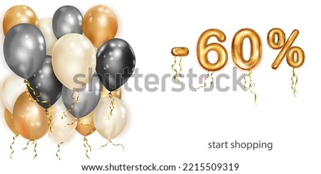 Discount creative illustration with white, black and gold helium flying balloons and golden foil numbers. 60 percent off. Sale poster with special offer on white background