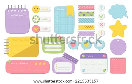 Cartoon task planners, cute paper sticky notes, banners, to do list or memo message notepads paper sheets. Blank schedule. Bookmarks. Colorful notepaper for kids, school or office. Vector illustration Royalty-Free Stock Photo #2215533157