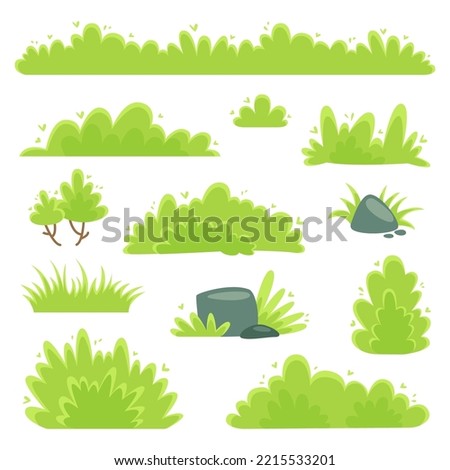 Set of green grass and bushes with leaves isolated. Cartoon floral elements for ground cover. Fresh grass icons on white background. Flat vector illustration