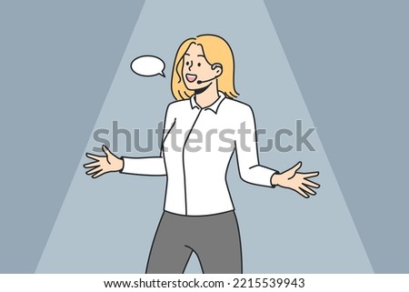 Stand-up comedian woman. Girl tells funny interesting story, shows something on stage. Lady performing in front of audience. Speech bubble. Speaker, actor. Vector linear colored illustration.