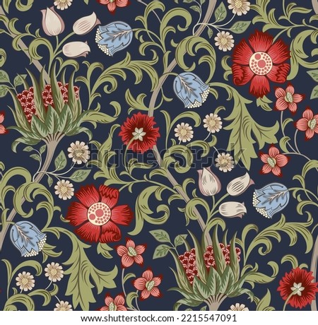 Floral seamless pattern with field of flowers on dark blue background. Vector illustration. Royalty-Free Stock Photo #2215547091
