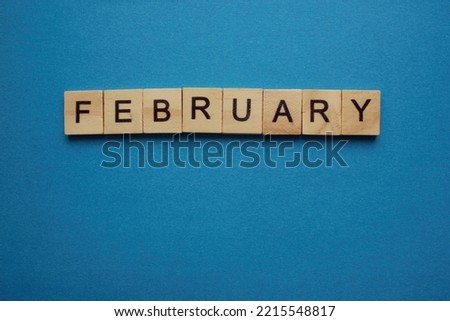 The word February is made of wooden cubes. The name of the months. Winter months. Copy space. Blue background