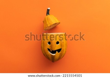 Cute halloween pumpkin face with top off. Happy halloween background