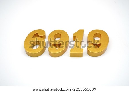  Number 6919 is made of gold-painted teak, 1 centimeter thick, placed on a white background to visualize it in 3D.                                 