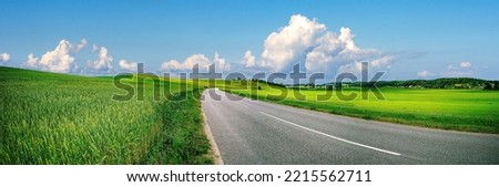 Beautiful idyllic landscape in countryside banner format with a wide field of cereals and a pasture divided by a deserted asphalt road against a blue summer sky. Royalty-Free Stock Photo #2215562711