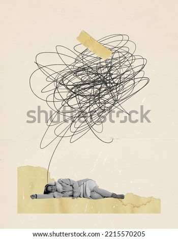 Contemporary art collage. Conceptual image. Young woman lying, sleeping. Feeling tired and depressed. Concept of retro style design, inner world, psychology, emotions and feelings
