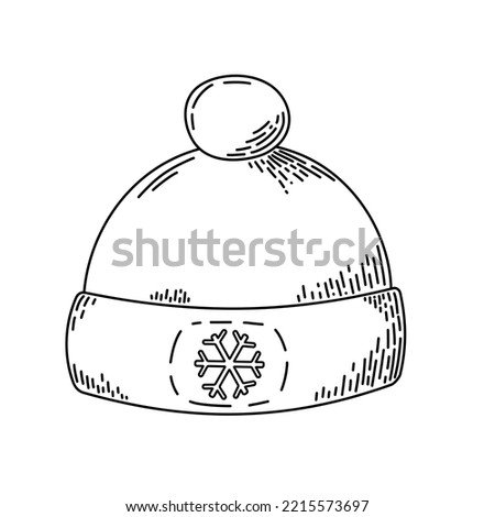 Warm winter hat. Linear vector illustration of clothes in doodle style.