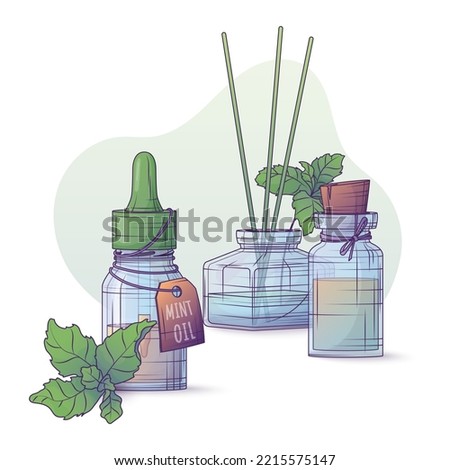 Vector illustration of composition with bottle of essential oil, mint leaves, diffuser. Glass bottle with dropper. Mint essential oil. Cosmetic, perfumery, aromatherapy.