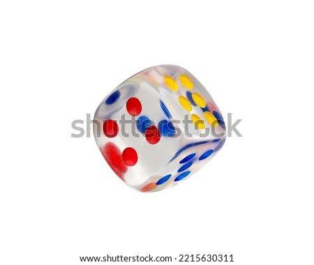 plastic transparent dice cube with colored dots on white background Royalty-Free Stock Photo #2215630311