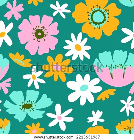 Floral seamless pattern made of blossom meadow plants and field flowers and daisies. Hand drawn botanical background in trendy flat style. Cartoon drawing. Nature motif and retro design.