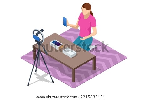 Isometric Female Vlogger Recording Broadcast At Home. Video Blogger Buying a New Smartphone