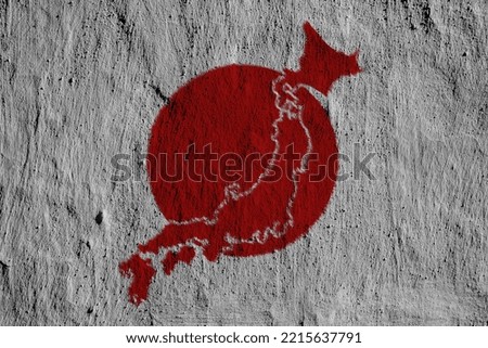 Flag of Japan and contour map of the country on the texture. Collage.
