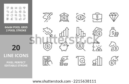 Line icons about finance. Financial concept. Contains such icons as stock market, investment and commodities. Editable vector stroke. 64 and 256 Pixel Perfect scalable to 128px Royalty-Free Stock Photo #2215638111